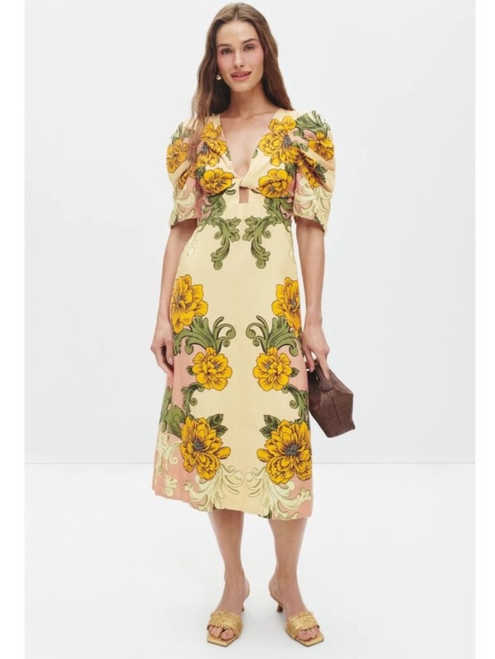 Farm Rio | Delicate Flower Arabesques Linen Midi Dress